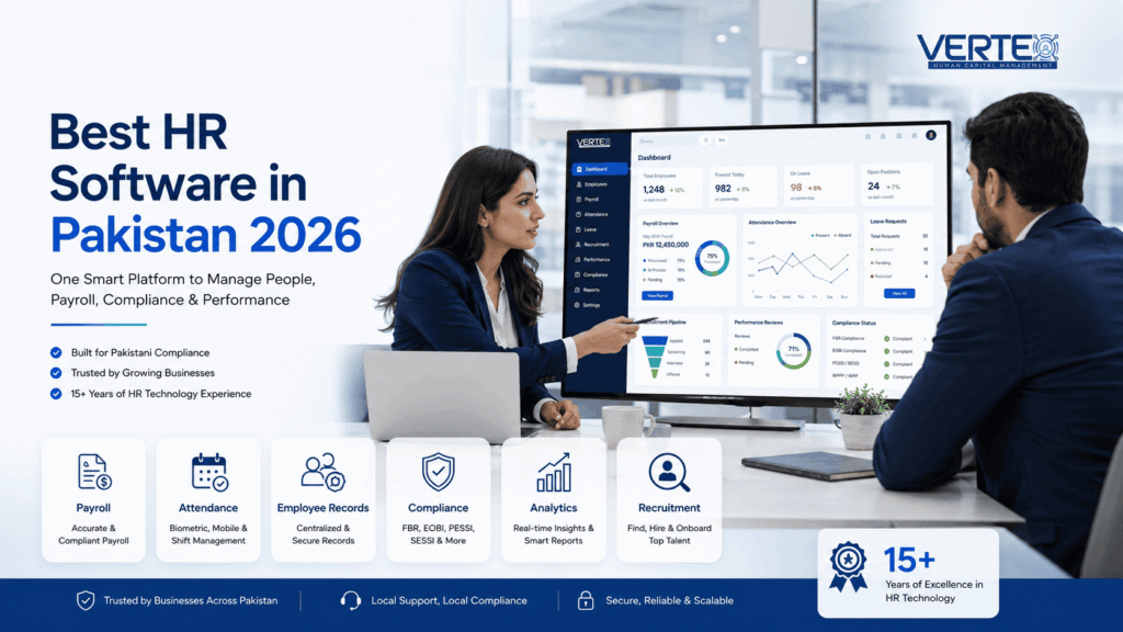 : Best HR software in Pakistan 2026 showing HR professional using payroll, attendance, tax compliance and employee management system in modern Pakistani office – Vertex Human Capital Management