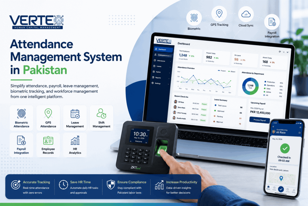 Biometric attendance system in Pakistan showing fingerprint device integration with HR software for payroll, attendance and shift management – Vertex HCM
