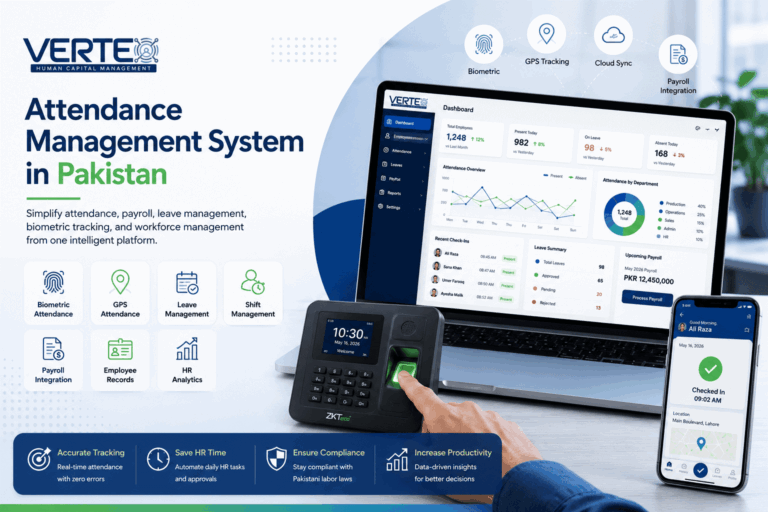 Biometric attendance system in Pakistan showing fingerprint device integration with HR software for payroll, attendance and shift management – Vertex HCM
