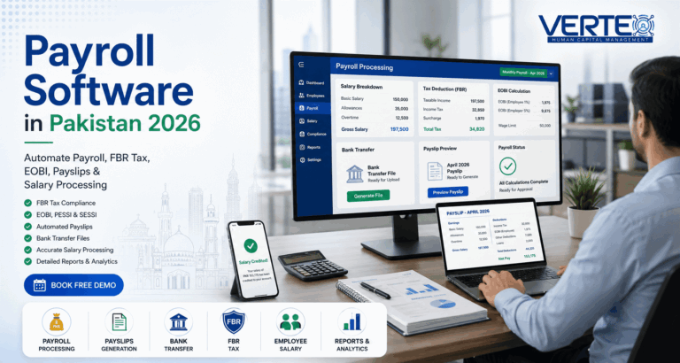 Payroll software in Pakistan 2026 showing HR professional managing salary processing, FBR tax calculation, EOBI deductions and attendance on HR dashboard in modern Pakistani office – Vertex Human Capital Management